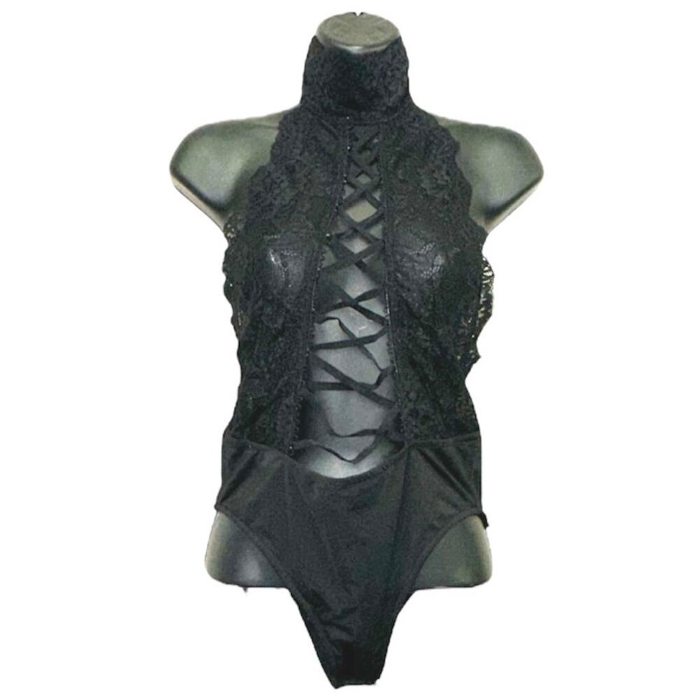 Kiki Riki Black Lace High Neck Lace-Up Bodysuit Small NWOT Lingerie Festival